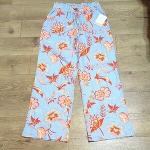 Caligraphie Linen Floral Side Slit Wide Leg Pants Pull On Pockets M NWT